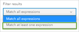 Filtern Sie die Ergebnisse so, dass Features mit einer Übereinstimmung mit mindestens einem Ausdruck angezeigt werden.