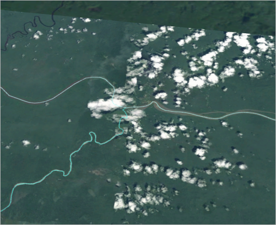 Das Lesezeichen wird auf den Punkt gezoomt, an dem der Orinoco auf den Casiquiare-Kanal trifft.