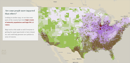 Verkleinerte Karte, die Gegenden mit einem hohen Anteil an Bevölkerungsminderheiten und hohen PM2,5-Werten zeigt