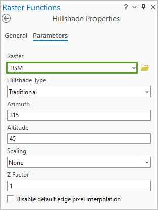 Parameters for the Hillshade raster function
