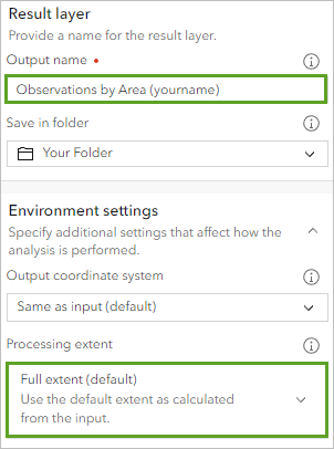 Result layer and processing extent settings
