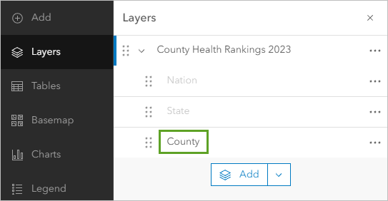 County Health Rankings 2023 expanded in the Layers pane with the County layer selected