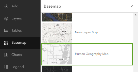 Basemap pane showing the Human Geography Map basemap