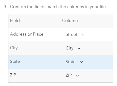 Pane to confirm fields match columns in the uploaded file