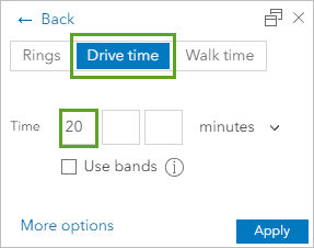 Drive time parameters set to 20 minutes in the pop-up