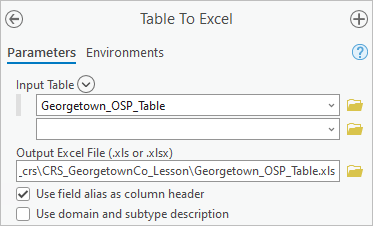 Parámetros de De tabla a Excel