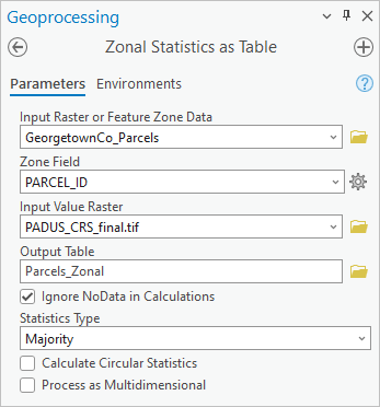 Parámetros de Estadísticas zonales como tabla