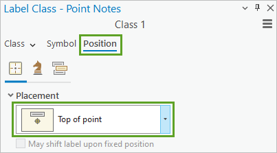 Ubicación definida como Encima del punto en la pestaña Posición del panel Clase de etiqueta