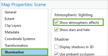 Mostrar efectos atmosféricos activados en la pestaña Iluminación de la ventana Propiedades del mapa.