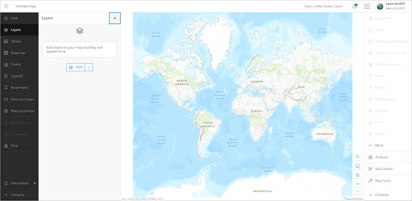 Map Viewer se abre en un mapa en blanco predeterminado