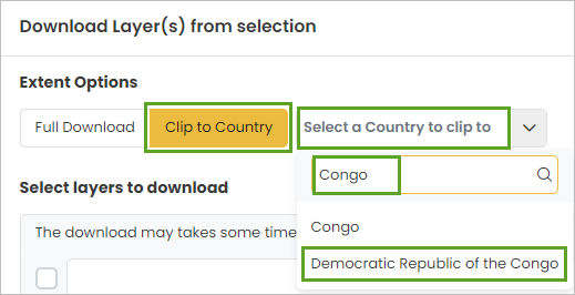 Recortar para país y República Democrática del Congo seleccionados.