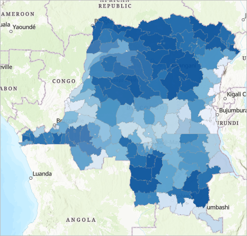 Mapa que muestra la tasa de incidencia de la malaria por 1000 personas en 2020 en la RDC.