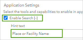 Habilitar la búsqueda activado y Nombre de lugar o instalación para el texto Sugerencia