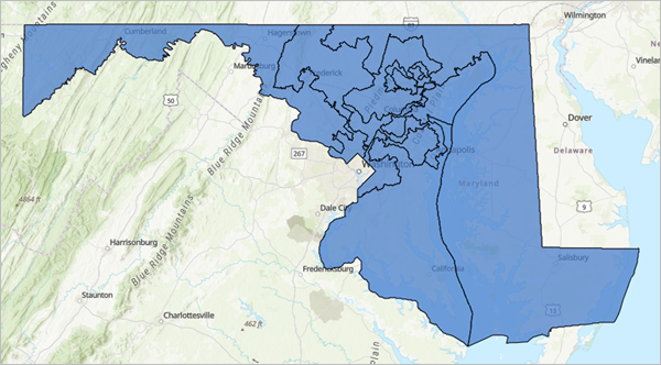 Mapa de los ocho distritos electorales de Maryland