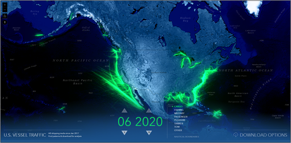 Aplicación web con un mapa del tráfico de buques en la costa de Estados Unidos