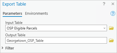 Paramètres Export Table (Exporter la table)