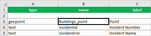 Buildings_point (Point_bâtiments) saisi dans la colonne name (nom) du type geopoint (géopoint)