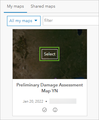 Bouton Select (Sélectionner) de la carte web Preliminary Damage Assessment Map (Carte d’évaluation préliminaire des dommages)