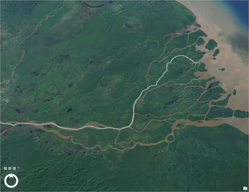 Un zoom est effectué dans la scène sur l’embouchure de l’Orénoque.