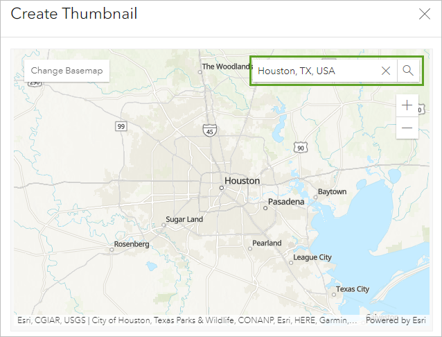Fenêtre Create Thumbnail (Créer une miniature) avec zone de recherche et carte centrée sur Houston, TX