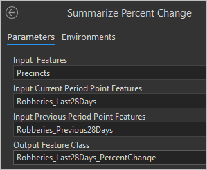 Paramètres Summarize Percent Change parameters (Synthétiser l’évolution en pourcentage)