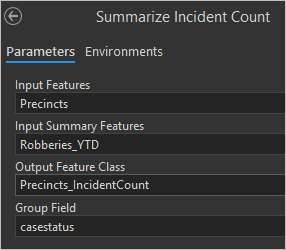 Paramètres Summarize Incident Count (Synthétiser le nombre d’incidents)