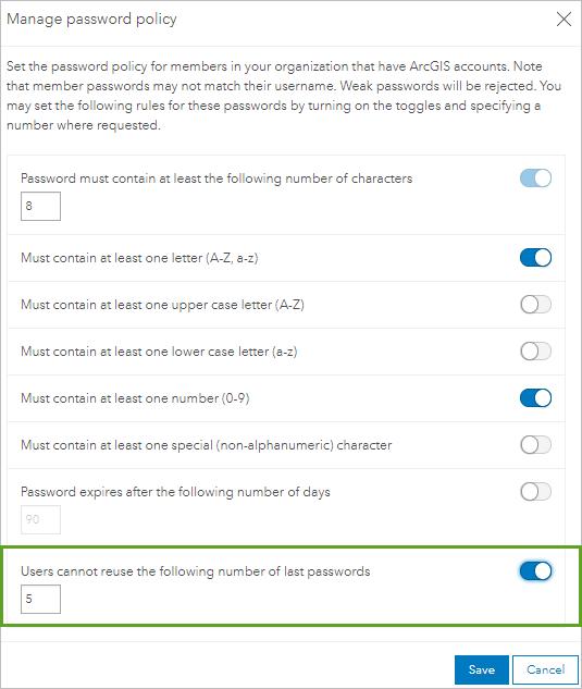Fenêtre Manage password policy (Gérer la stratégie de mot de passe)