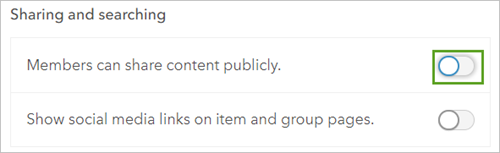 Désactiver le bouton de bascule Members can share content publicly (Les membres peuvent partager du contenu publiquement) dans Sharing and searching (Partage et recherche)