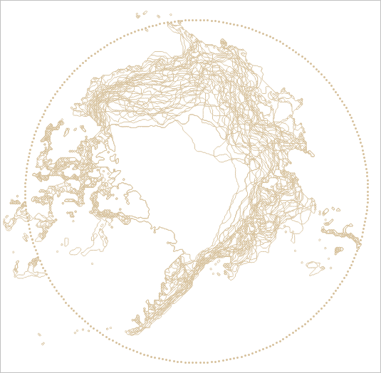 北極圏とゴールドの氷域面積のラインを含むマップ