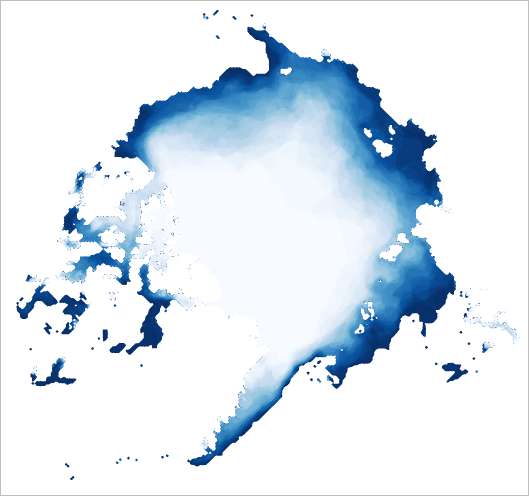青と白の配色でシンボル表示された北極海氷のマップ。