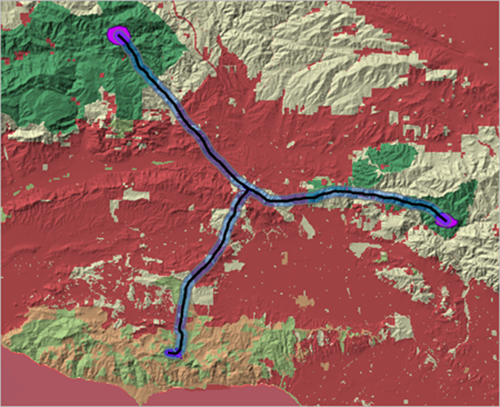 Буфер Wildlife_Corridors на карте отображается полупрозрачным синим цветом