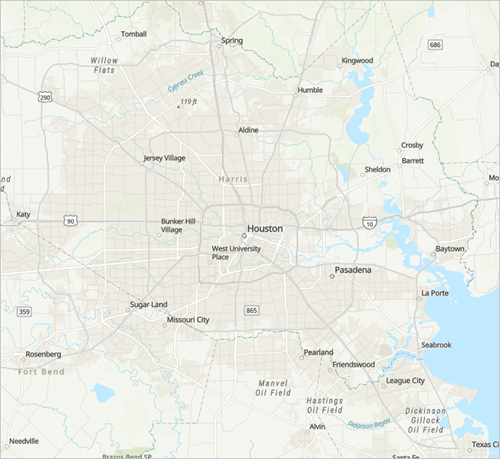 Карта увеличена до Хьюстона, штат Техас