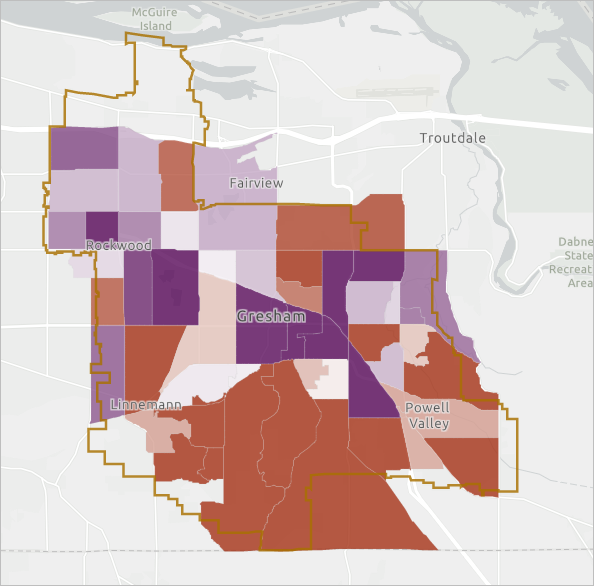Карта с обогащёнными кварталами переписи, отображённые по соотношению домовладельцев и арендаторов