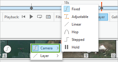 Опции в меню Камера для переходов между ключевыми кадрами.