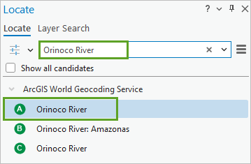 Результат поиска Orinoco River в панели Найти местоположение
