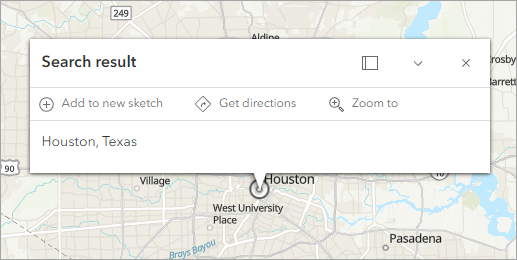 Карта, масштабированная к Хьюстону, Техас, с всплывающим окном Результат Поиска