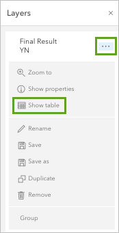 Show table button for Final Result layer