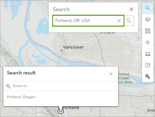 Scene zoomed to the Search result for Portland, Oregon