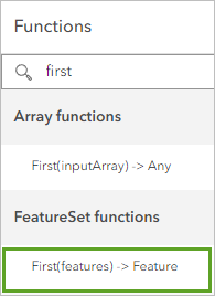 Function "First(features) -> Feature"