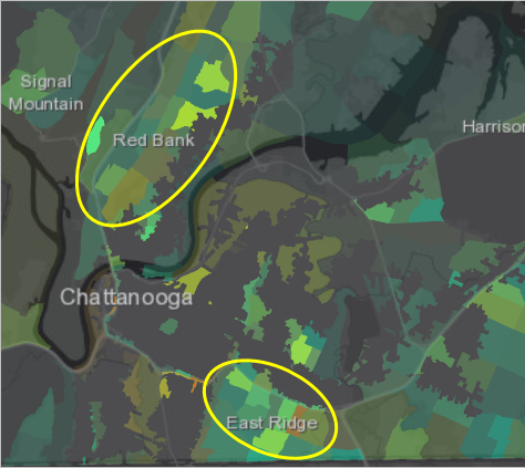 Karte, auf der die den Gemeinden Red Bank im Nordwesten und East Ridge im Süden markiert sind