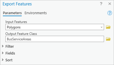 Bereich "Features exportieren", in dem "Ausgabename" auf "BusServiceAreas" festgelegt ist