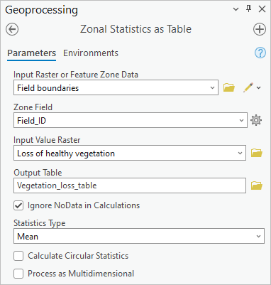 Parameter von "Zonale Statistiken als Tabelle"