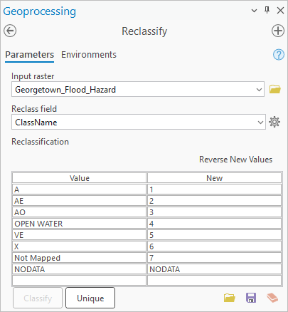 Das automatisch mit ClassName-Werten gefüllte Werkzeug "Reklassifizieren" aus dem Layer "Georgetown_Flood_Hazard"