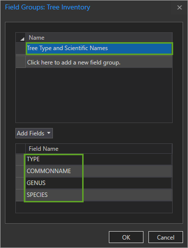 Werte für "Feldname" für die Feldgruppe "Tree Type and Scientific Names" im Fenster "Feldgruppen"