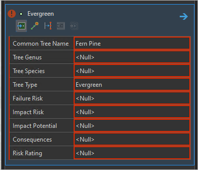 Feature-Vorlage für "Evergreen" mit in Rot gekennzeichneten aktuell ungültigen Attributen.