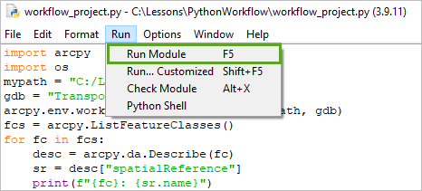 "Run Module" zum Ausführen des Skriptcodes