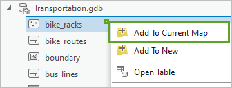Klicken Sie mit der rechten Maustaste auf die Feature-Class "bike_racks", und fügen Sie sie der aktuellen Karte hinzu.