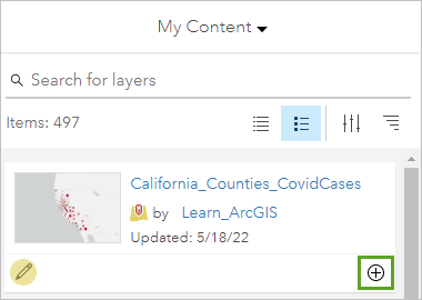 Schaltfläche "Hinzufügen" für den Layer "California_Counties_CovidCases"