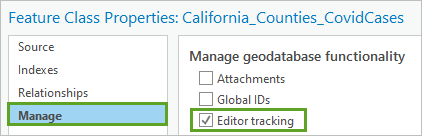 Das Fenster "Feature-Class-Eigenschaften", in dem "Editor-Tracking" aktiviert wurde