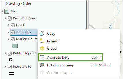 Layer "Gebiete" im Bereich "Inhalt" mit der Option "Attributtabelle" im Kontextmenü